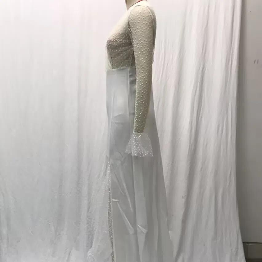 2025 Лето Осень Женское Прозрачное Сетчатое Свадебное Платье, Сексуальное Платье с V-образным вырезом и Длинными Рукавами с Высоким Разрезом, Белое Просвечивающее Свадебное Платье для Торжественных Мероприятий