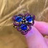 Black Gold Ring, Dark Flower Shaped Round Red Corundum Blue Spinel Ring Opening