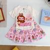 Girls' Summer 2025 Cartoon Short Sleeve Pleated Skirt Set