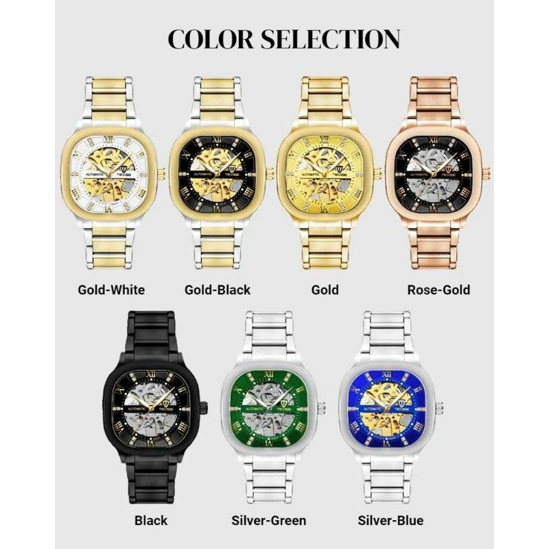 TEVISE Автоматические механические часы для мужчин из нержавеющей стали, водонепроницаемые, скелетон, квадратный циферблат, люминесцентные, модные, деловые, наручные часы