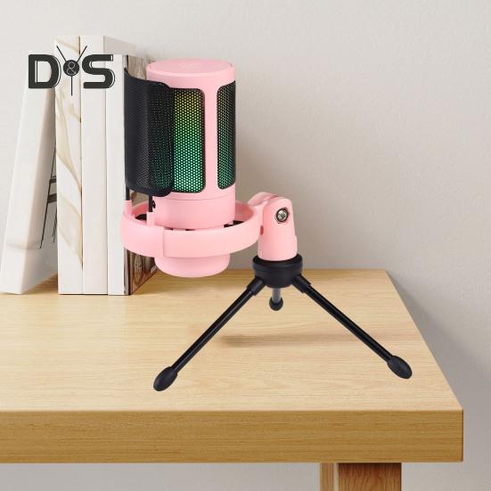 Gaming Microphone with Tripod Stand Noise Reduction RGB Breathing Light Design Gain Control Plug-Play Universal USB Microphone