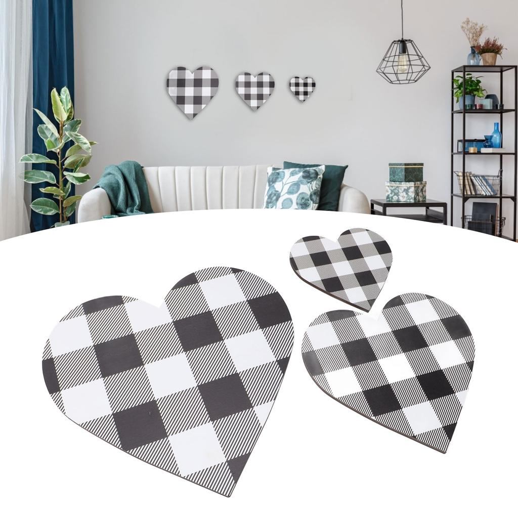 3Pcs Heart Shaped Wood Sign Plaid Wooden Wall Decor Rustic Hanging Plaque for Kitchen Bedroom Bathro