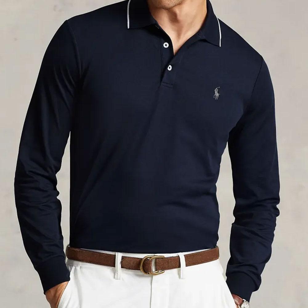 Polo Ralph Lauren Ss23 Однотонная рубашка поло с вышитым логотипом и длинными рукавами, мужские топы, темно-синие MNPOKNI16822229-410