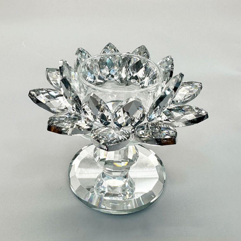 Durable Crystal Lotus Candlestick Elegant Lotus Flower Figurines Glass Candle Stand  Coffee Table