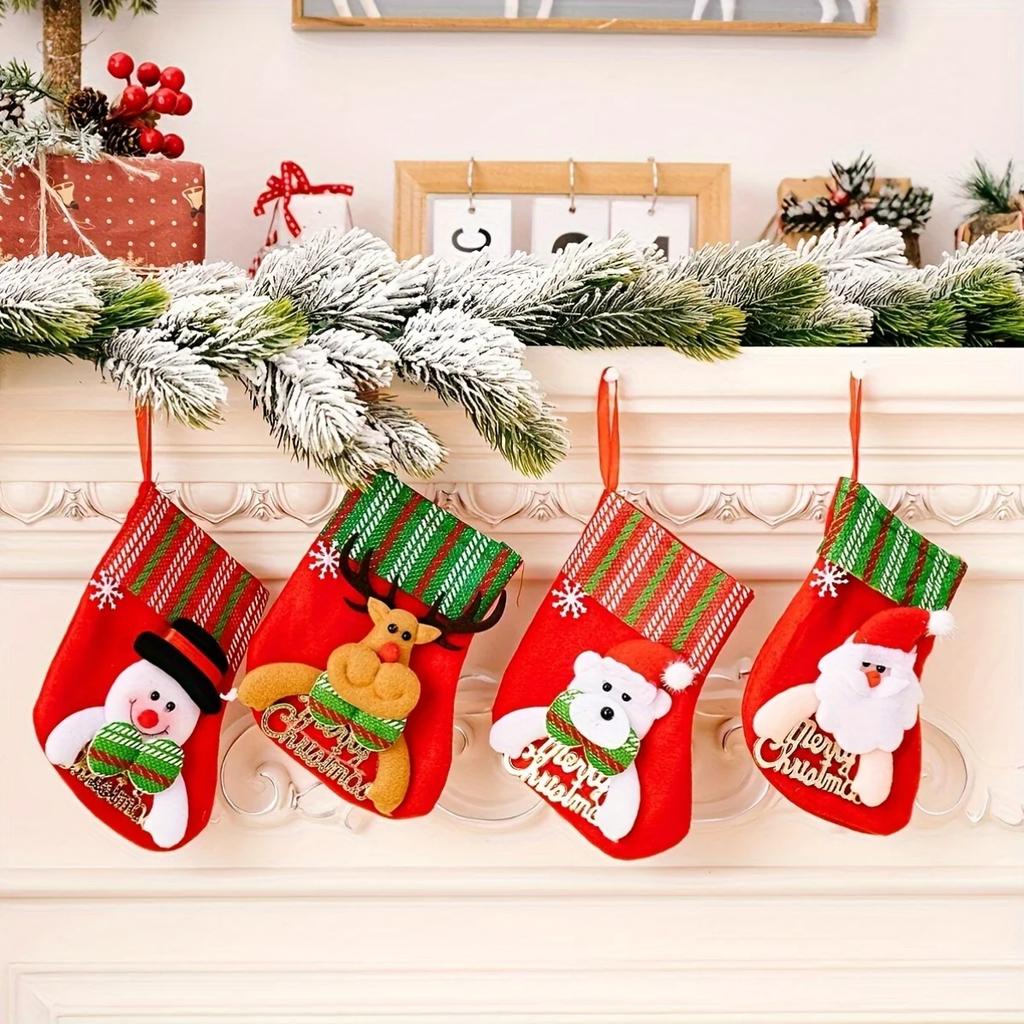 4pcs-Merry Christmas Socks Christmas Tree Ornaments Sack Xmas Gift Candy Bag Cute Fabrics