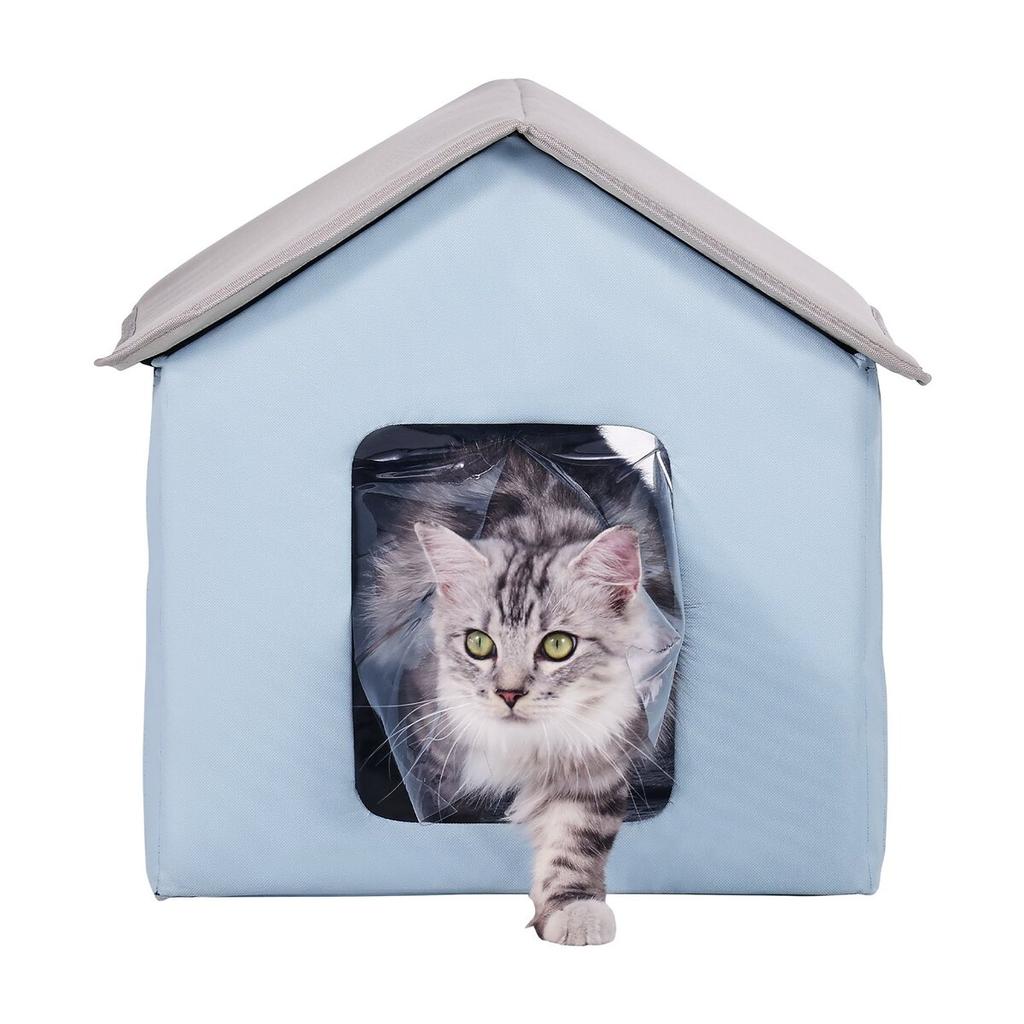 Heated Cat House Foldable Kitty Shelter with Heated Pad Blue Small