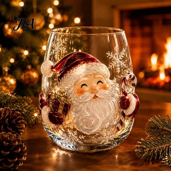Unique Holiday Gift for Friends Christmas 3D Glass Tumbler, Santa Snowman Tree Sculpted Cup, Drinking Glasses Decorative Drinkware, Festive
