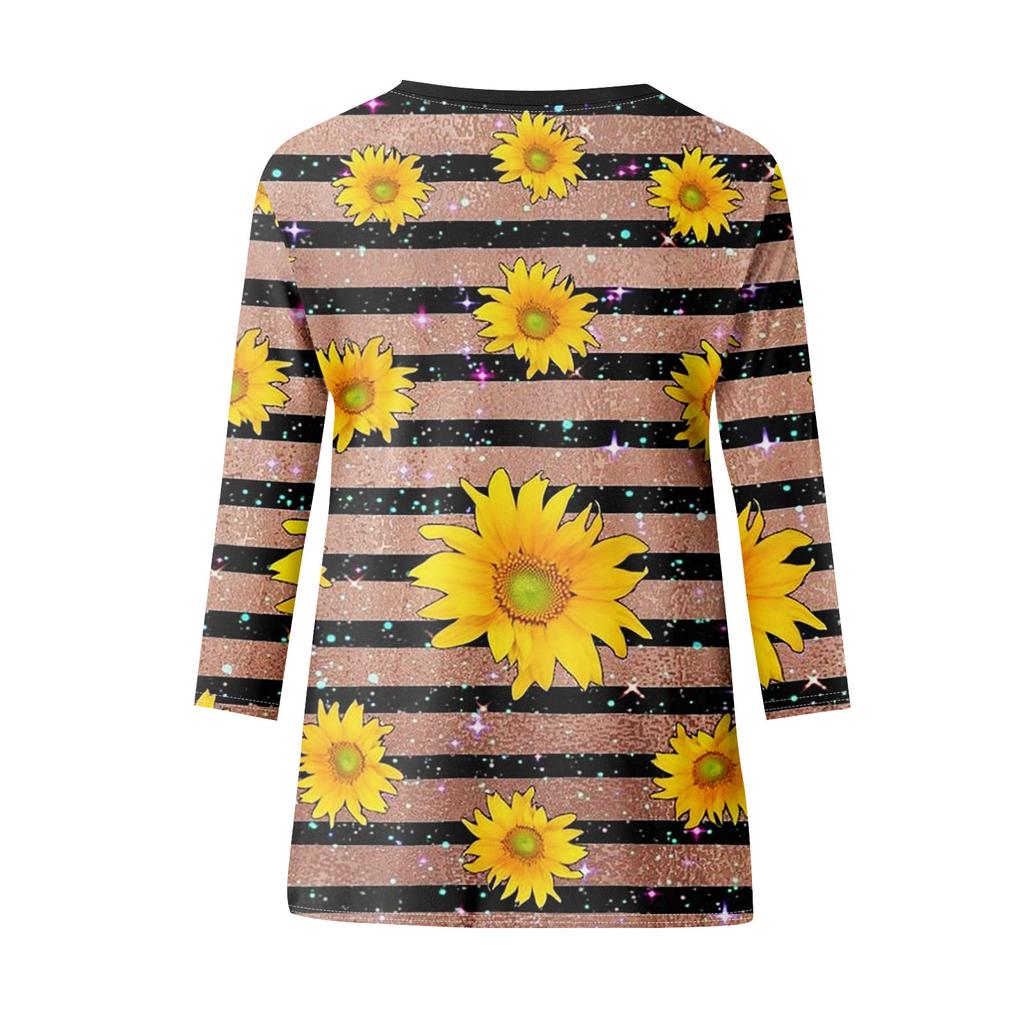 Women's Fashion Casual Round Neck Print 3/4 Sleeve Pocket T-Shirt Top