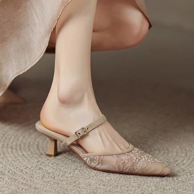 Сетчатые сандалии женские 2025 лето новая сумка голова полушлепанцы женские для улицы мягкая подошва одно слово с высоким каблуком женская обувь