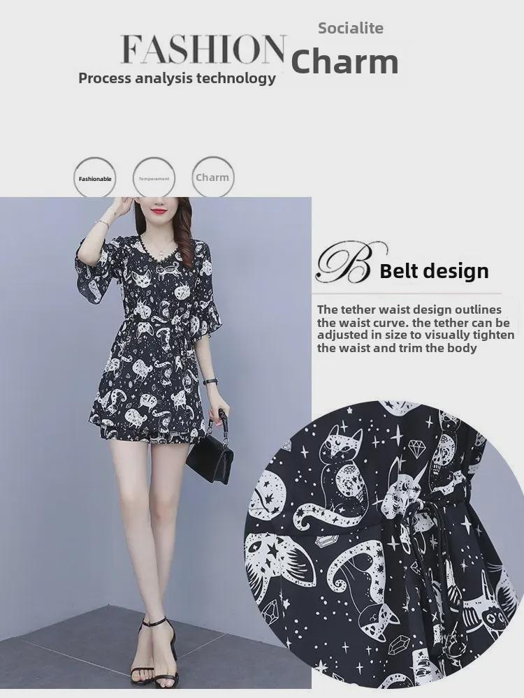 Женский летний комплект большого размера из двух предметов с кружевным воротником и эффектом похудения: Топ с коротким рукавом и шорты с принтом