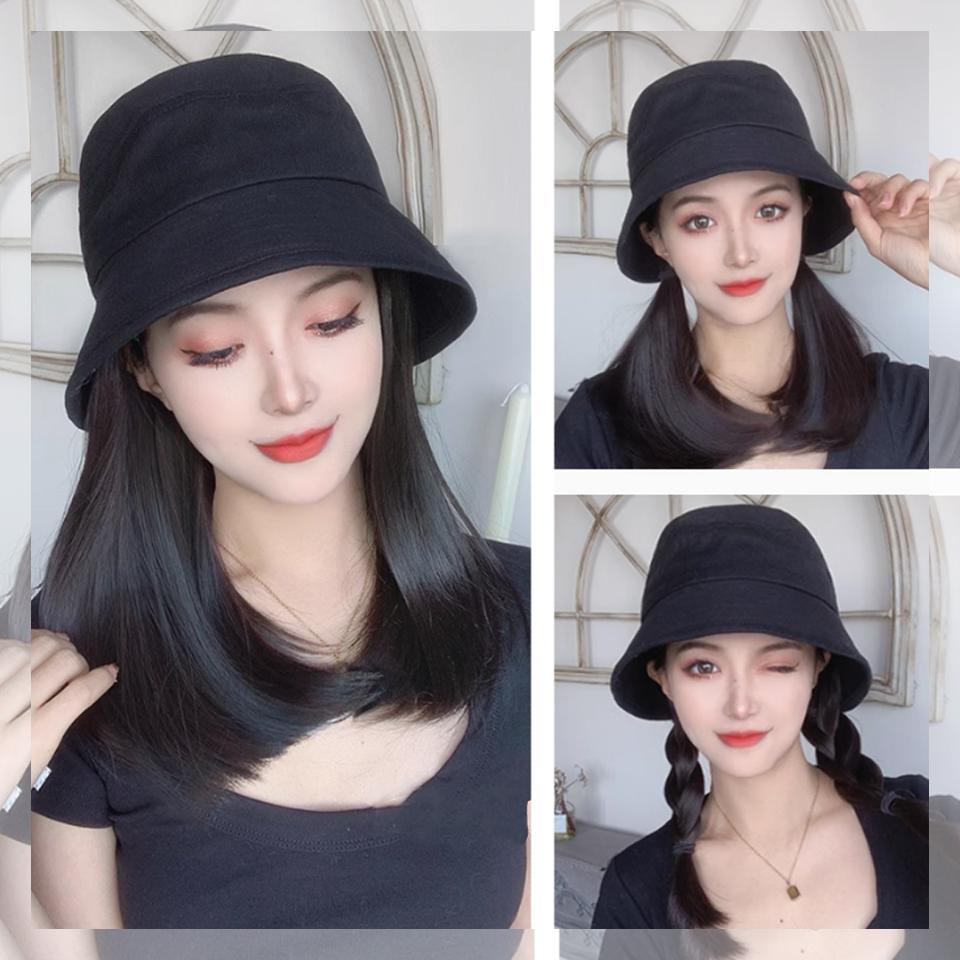 WTB Synthetic Wig Women's Hat Wig One-piece Daily Black Fisherman's Sun Protection Hat Straight Hair Wig Hat Wig Party Wig
