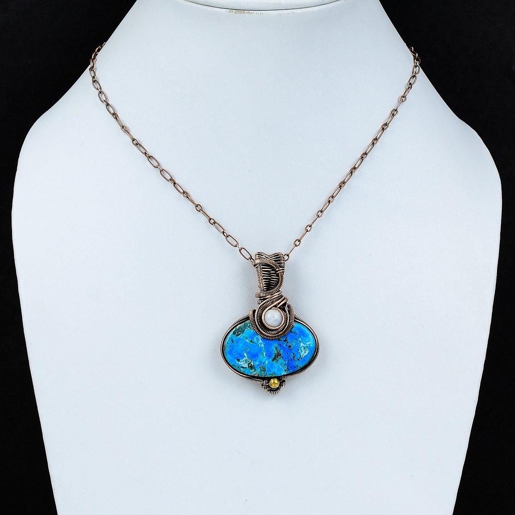 Подвеска из аризонской бирюзы и меди, украшения, обмотанные медной проволокой, подвеска из драгоценного камня ручной работы, подвеска из радужного лунного камня, обмотанная проволокой, подарок для нее