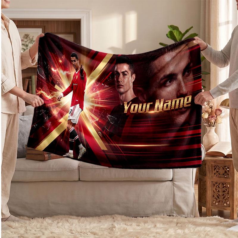Cristiano Ronaldo Personalized Fleece Blanket With Football Logo, Custom Name Text Soft Warm Home Throw Blanket