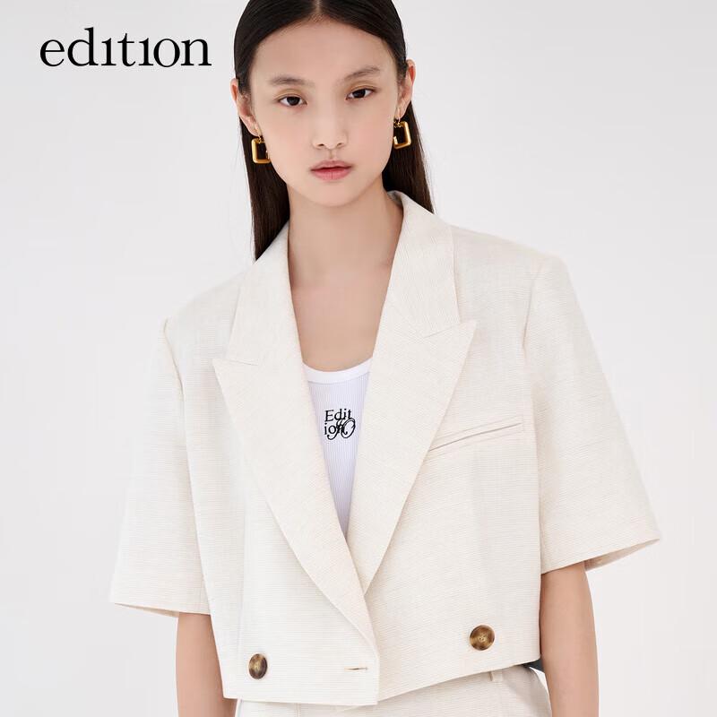 Edition Women's Petite Double-Breasted Textured Linen Short Blazer