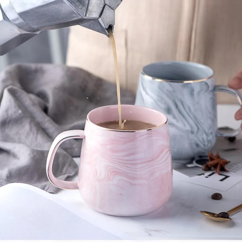 400ml Vintage Ceramic Coffee Cup Nordic Style Gold Rim Breakfast Oatmeal Milk Mug Marble Pattern Creative Teacup Couple Drinking