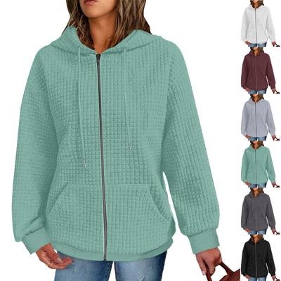 Женские толстовки, однотонные текстурированные повседневные куртки с карманами и шнурком в стиле попкорна, толстовки, пальто