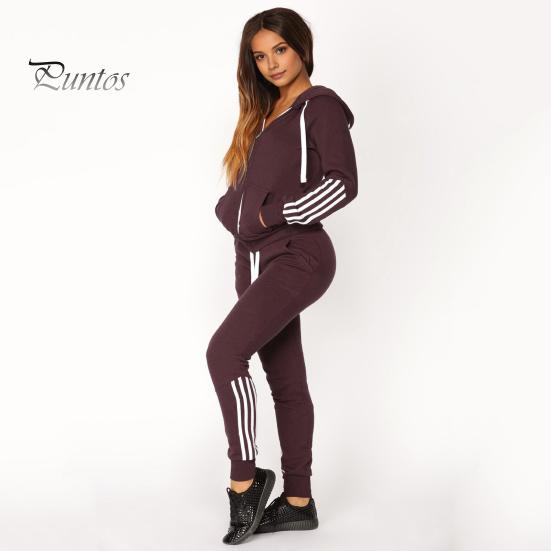 2 Pcs/Set Women Hoodie Pants Suit Hooded Long Sleeves Solid Color Zip-up Coat Elastic High Waist Ankle-banded Trousers Sport Fall Winter Tracksuit