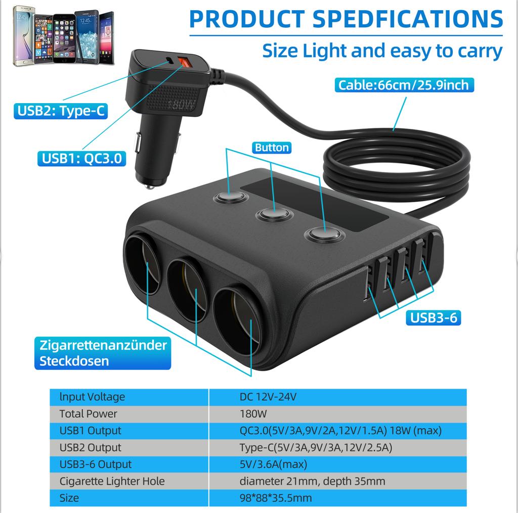 Автомобильный прикуриватель, разветвитель, автомобильное зарядное устройство, адаптер 180 Вт, автомобильное зарядное устройство 9 в 1, разветвитель для кемпинга, GPS, автомобильный адаптер 12 В/24 В