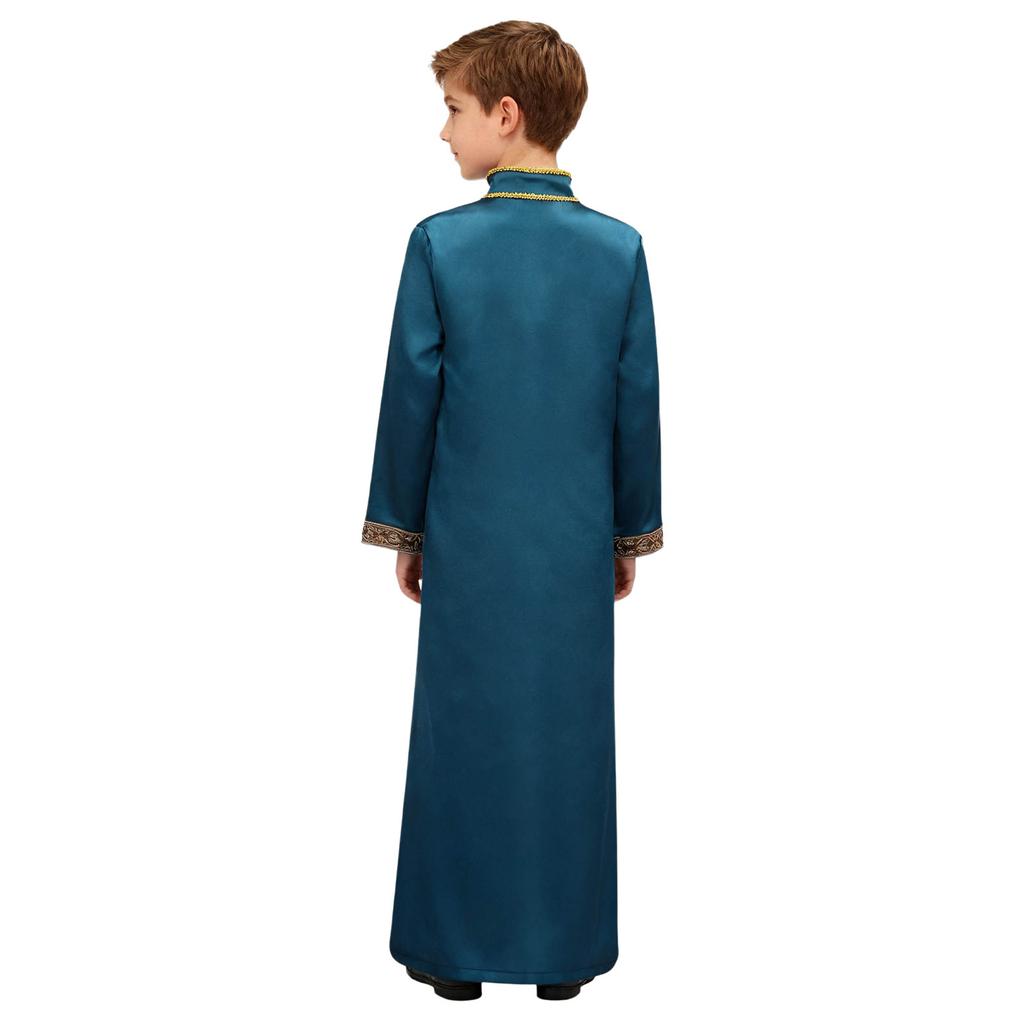 Boys Arab Gown Islamic Robe Long Sleeve Stand Collar Gold Embroidery Maxi Kaftan Festival Holiday Costume