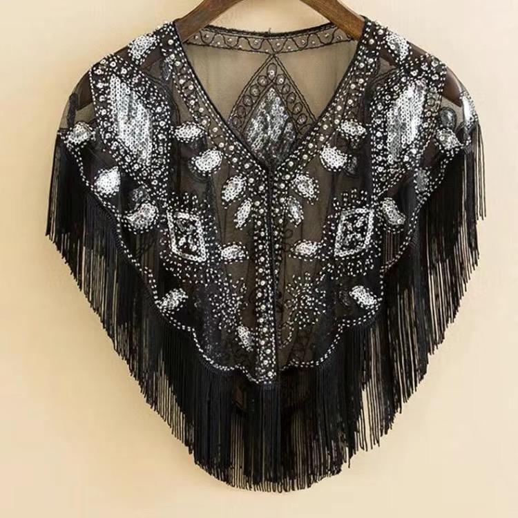 Women 1920s Sequined Shawl with Tassels Beaded Pearl Fringe Sheer Mesh Wraps Gatsby Flapper Bolero Cape Cover Up