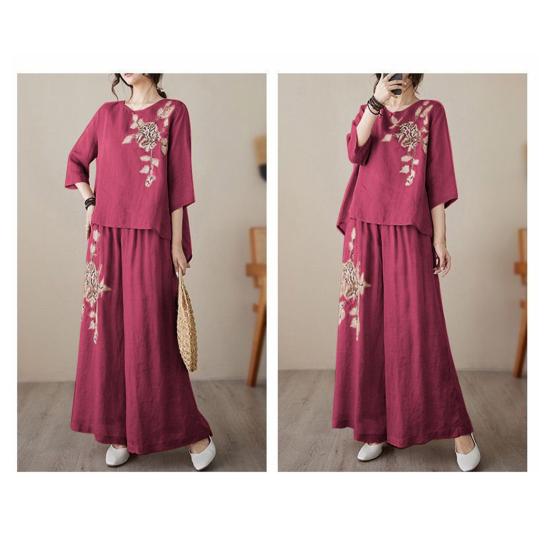 Женские костюмы-двойки с рукавом 3/4, винтажные вышитые рубашки, комплект брюк с широкими штанинами, летний повседневный комплект из хлопка и льна