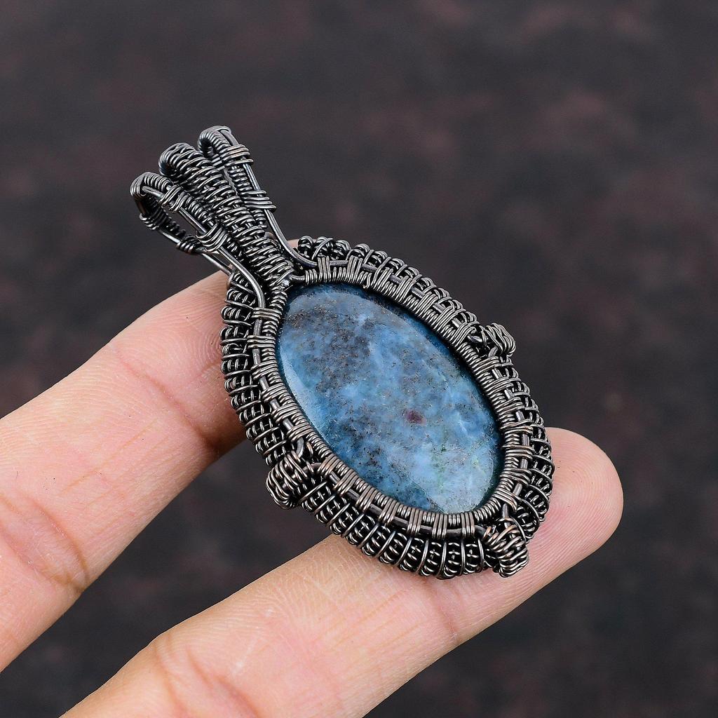 Ruby In Blue Kyanite Pendant Copper Wire Wrapped Gemstone Pendant Handmade Unique Copper Jewelry Designer Pendant For Gift Wire Wrap Jewelry