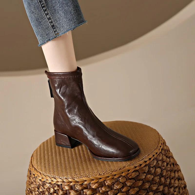 Luxury Women's Boots High Quality Square Toe Women's Ankle Boot Fashion Med-High Heels Women Shoes British Style Knee-High Boots