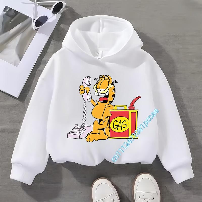 Garfield cartoon print children's hooded sweatshirt for boys, girls, casual top for women, long-sleeved for autumn and winter
