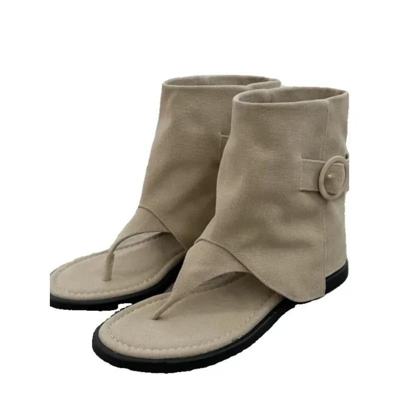 Новые летние женские сандалии-ботинки 2025 года, модные, с открытым носком, на плоской подошве, из овчины, в стиле ретро, с высоким верхом, уличная обувь, Zapatos De Mujer