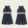 Kid Summer Sleeveless Top And Pants Set With Checkered Pattern And Lace Design For Kids Ages 8 And Up