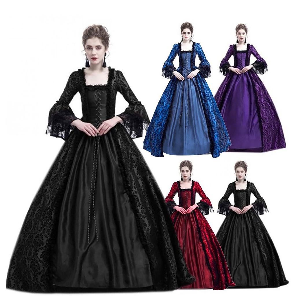 Women Retro Literature Gothic Lace Floor Length Cosplay Retro Long Dress