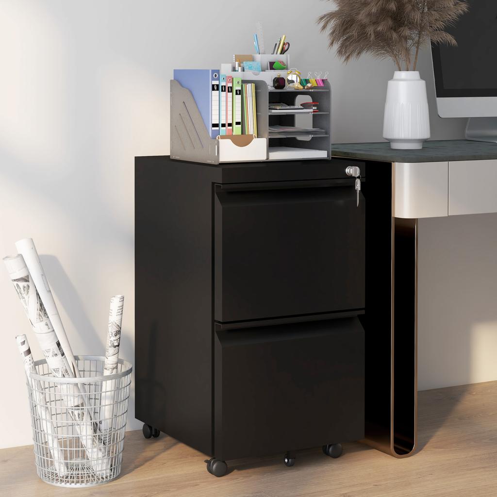 2-Drawer Mobile Filing Cabinet, Steel Lockable File Cabinet for Letter, A4 and Legal Size, Pre-Assembled Body, Black