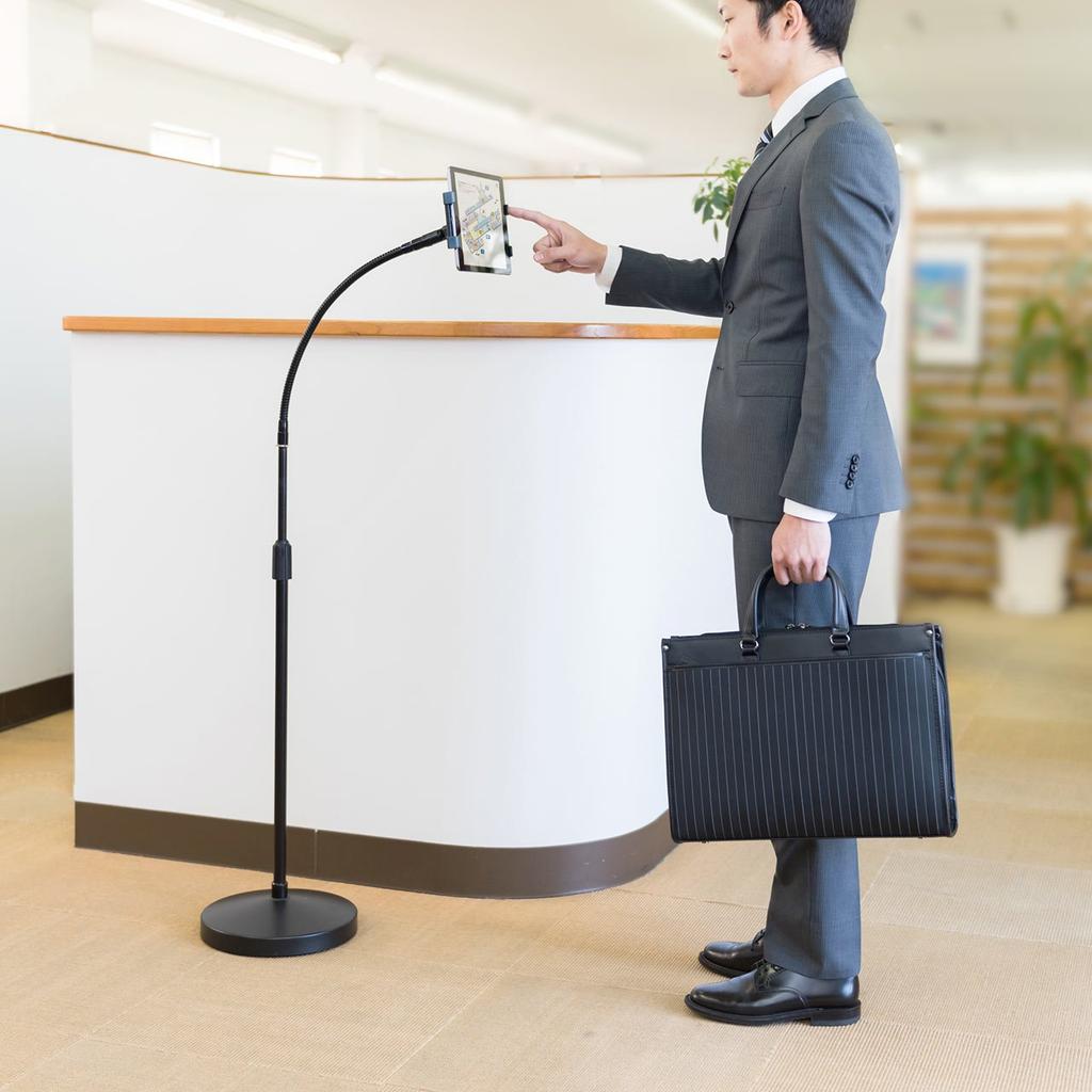 Sanwa Direct Напольная регулируемая по высоте гибкая подставка для iPad, планшета, 133-185 см, Высота, Угол, Вращение, Рычаг, 100-MR140