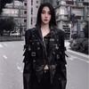 Cool and Cool Girl Metal Decorated Black Motorcycle PU Leather Jacket for Women Autumn Street Workwear Multi-pocket Leather Jacket