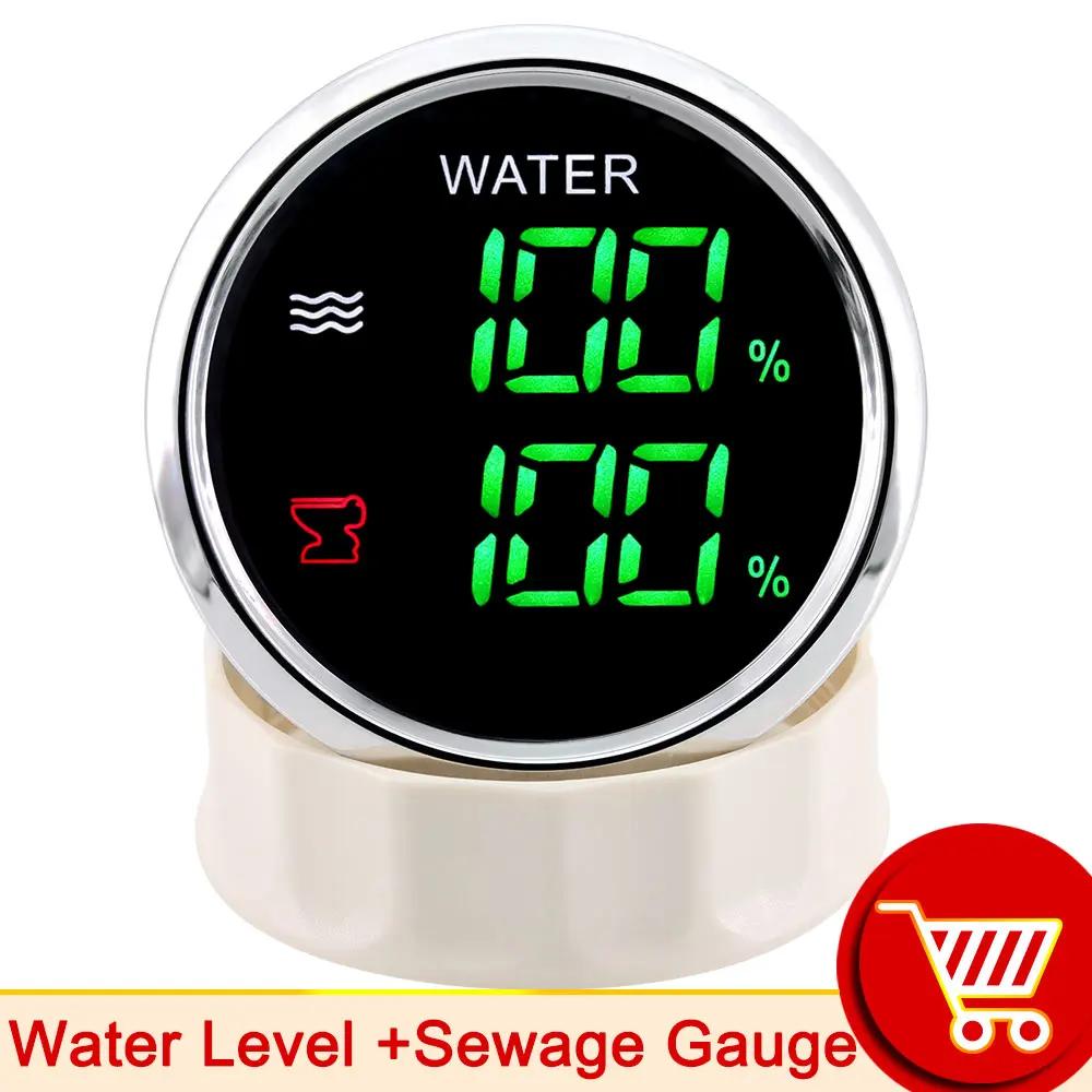 2 in 1 Green LED Digital Fuel Level Sewage Level Meter Oil Temp Gauge Oil Pressure 0~10 Bar 2" 52mm Voltage for Car Truck Boat