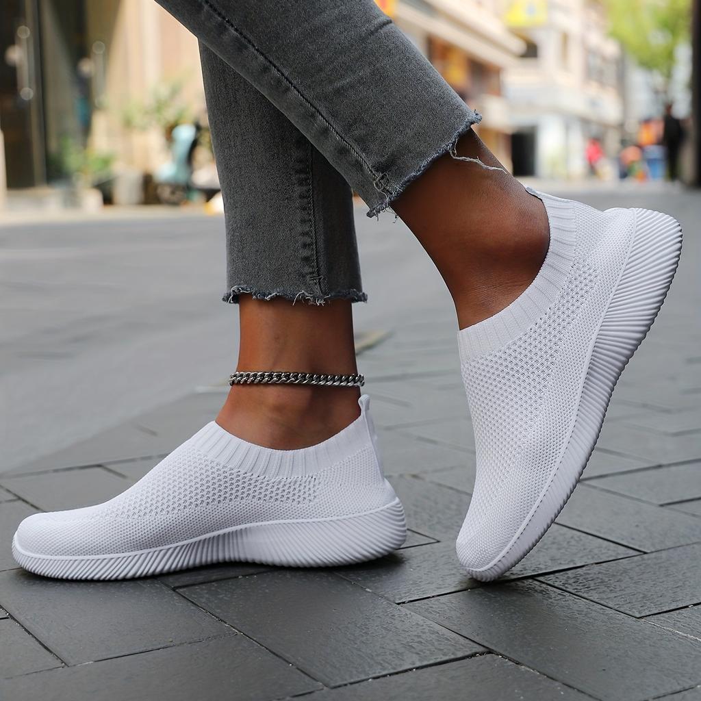Women's Solid Color Flying Woven Sneakers, Casual & Breathable Slip On Outdoor Shoes, Lightweight Low Top Running Shoes