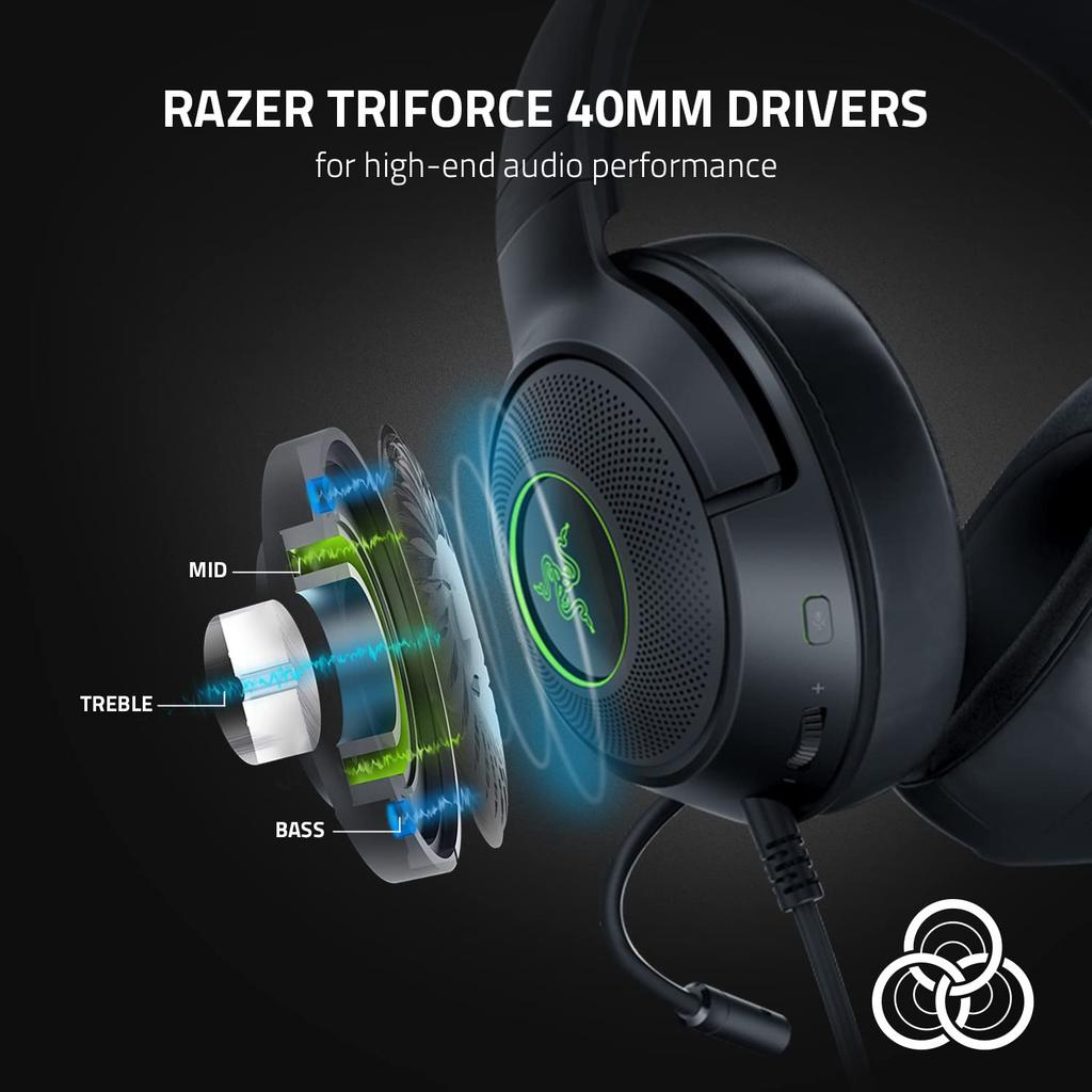 Razer Kraken V3 X Wired USB Gaming Lightweight Construction Triforce 40mm Drivers Hyperclear Cardioid Mic Surround Sound Chroma RGB Lighting Black