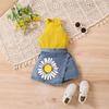 Girls' Fashion Set 2025 Summer Children's Casual Solid-color Sleeveless Top Denim Sunflower Print Shorts 2-piece Set
