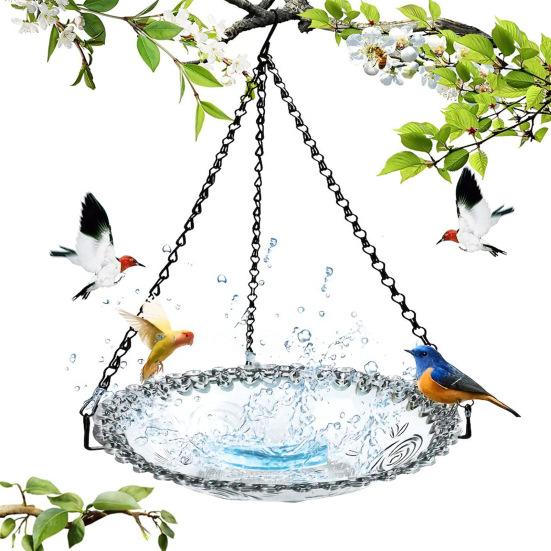 Heavy-Duty Outdoor Bird Bath Water Feeder with Rust-Proof Black Chains Hanging Bird Bath Hummingbird Feeder