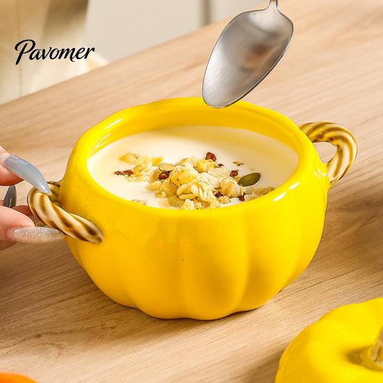Прочная миска с двойной ручкой для тыквенного супа с крышкой и ручкой, безопасная для микроволновой печи, декоративная, термостойкая, десертная чашка, керамическая миска, горшок для тушения