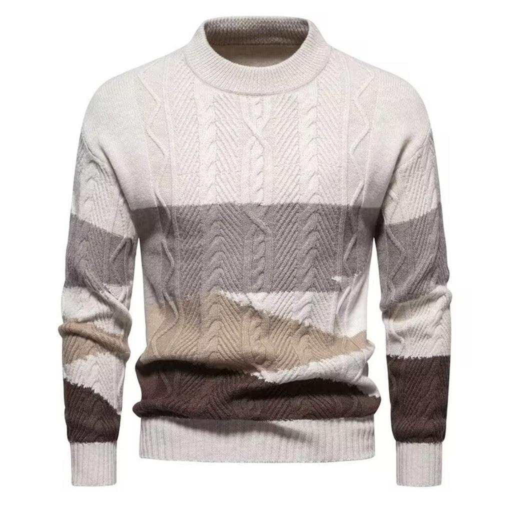 Men's Colorblock Casual Sports Pullover Retro Cable Warm Knit Long Sleeve Sweater