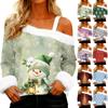Women's Off-the-shoulder Plush Neck Printed Long-sleeved Pullover T-shirt Top