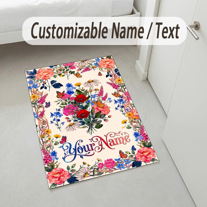 Floral Theme Soft Crystal Velvet Rug Custom Name & Text Print Non Slip Floor Rug for Bedroom Living Room