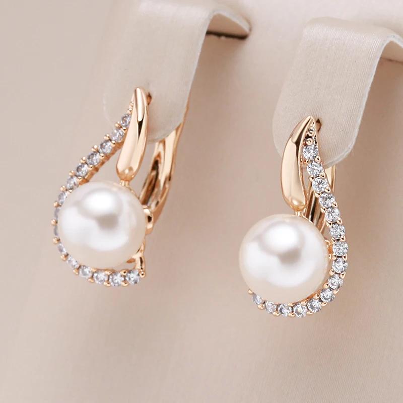 Luxury Rose Gold Color Geometric Imitation Pearl Earrings for Women Unique Design Elegant Delicate Bridal Wedding Jewelry
