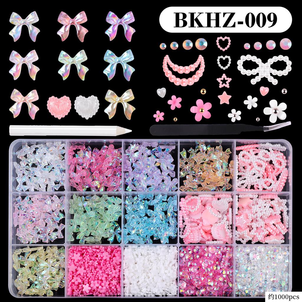 15Grids/box Mixed Resin Bowknot Nail Art Decorations 3D Acrylic Charms Kawaii Colorful Bow Rhinestone DIY Manicure Tools Parts