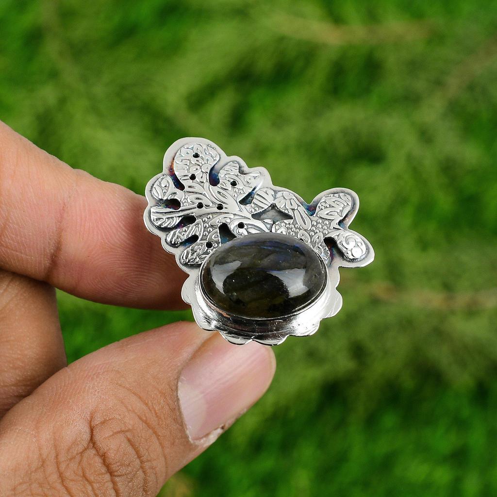 Wedding Gift For Her 925 Silver Natural Labradorite Statement Adjustable Ring