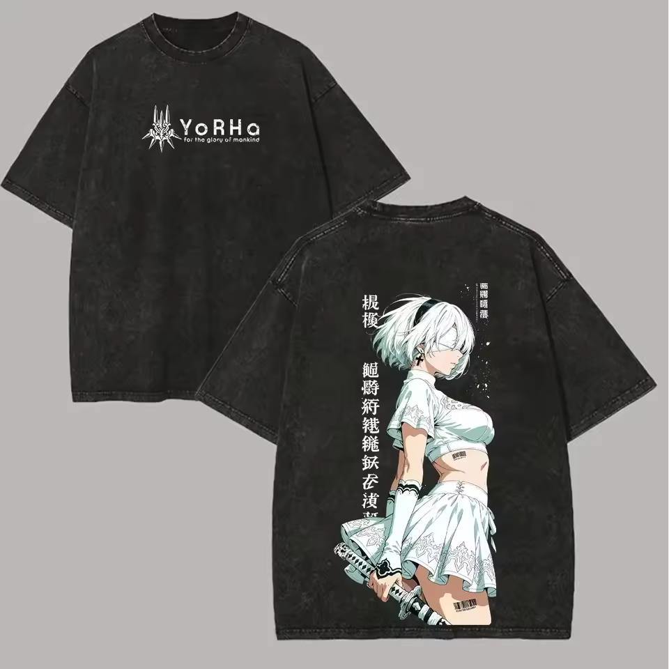 Футболка NieR Automata Винтажная Стирка Унисекс Оверсайз Темное Фэнтези Уличная Одежда Мягкий Хлопок Короткий Рукав Футболка Подарок Одежда Топы