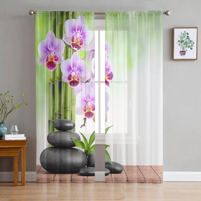 Zen Stones Orchids Flower Green Bamboo Tulle Curtains For Living Room Bedroom Decor Transparent Sheer Voile Window Curtain