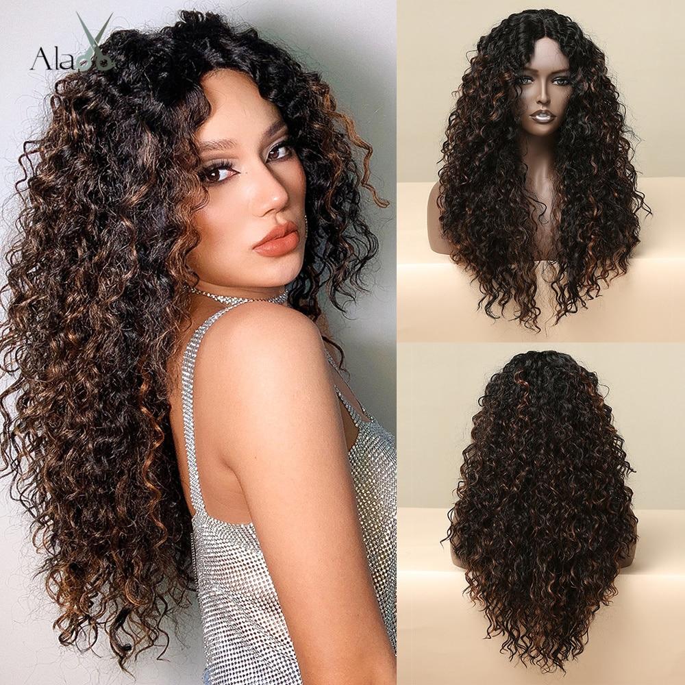 ALAN EATON Длинный вьющийся парик фронтальной части шнурка для чернокожих женщин Синтетические светлые парики с темными корнями Медово-каштановые волосы Парик с кружевной частью