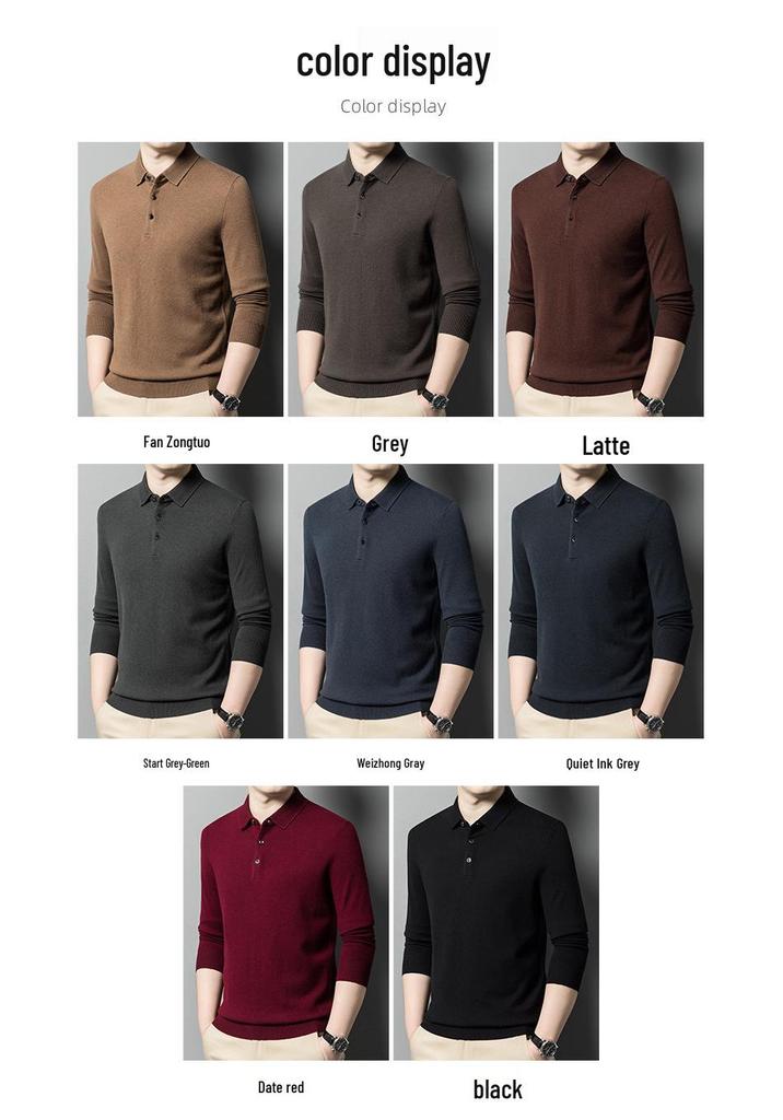 Men's Pure Wool Lapel Sweater: New Style Solid Color Casual Knit Pullover